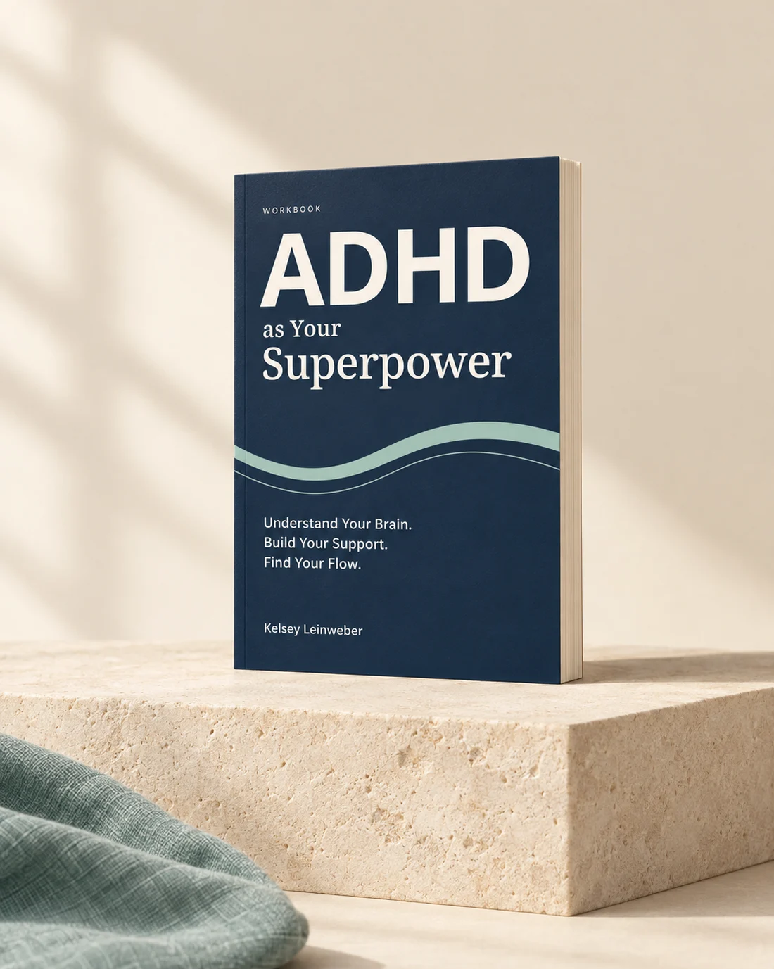 ADHD as Your Superpower workbook with its navy and seafoam Open Flow cover, shown in a styled book mockup